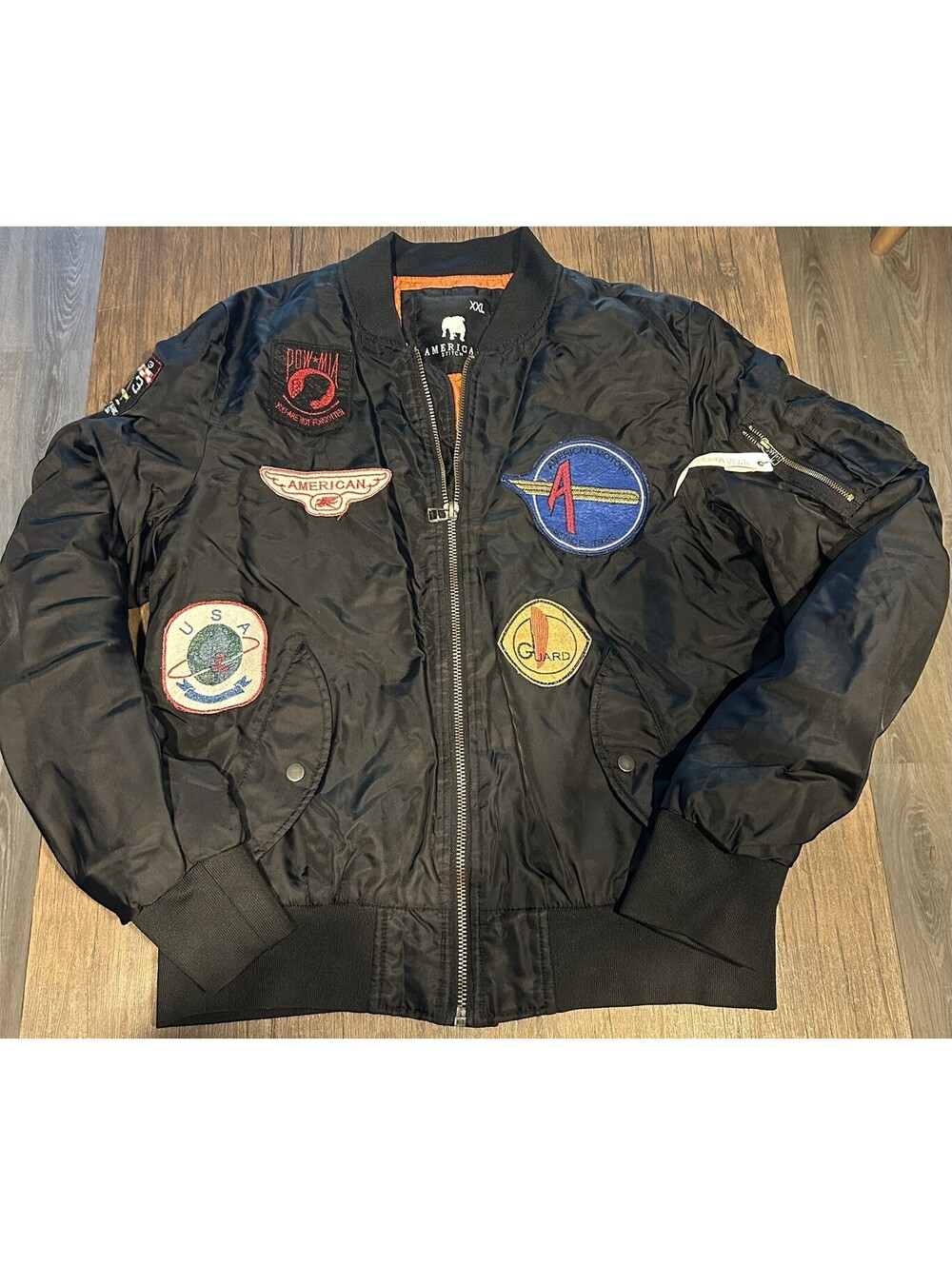 American Stitch MA-1 Bomber Jacket XXL Black Military Flight Patches Zip Coat